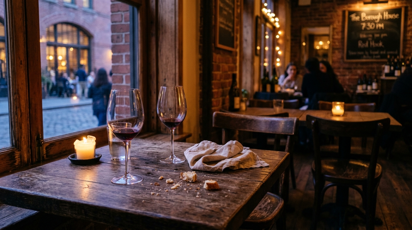 Post-dinner table with two wine glasses, crumbs, and folded linen napkin in warm dusk light